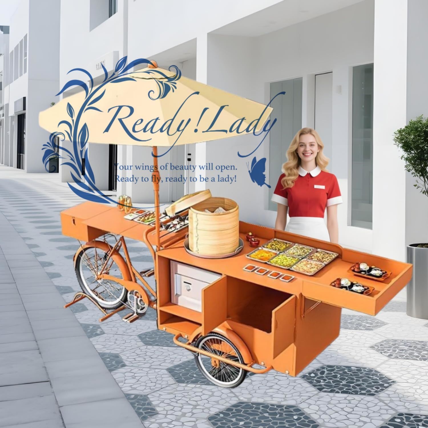 傘付きの大型食品バイクカート ポット保管エリア付きの移動式販売トラック もち米 スナック 飲み物 花を販売するための商業用フラワートレーラー オレンジ色