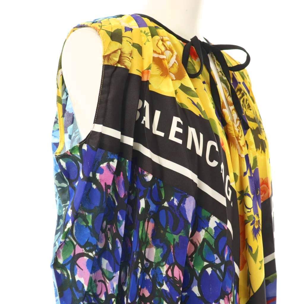 バレンシアガ BALENCIAGA 総柄ロゴ プリーツ ワンピース 膝丈