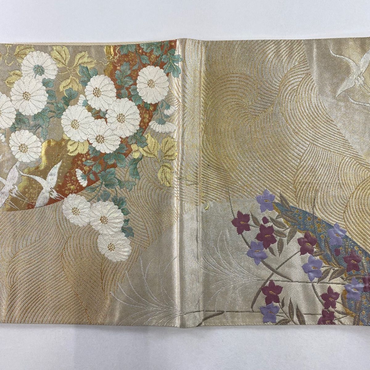 袋帯 美品 名品 鶴 草花 刺繍 金銀糸 薄小豆 六通 正絹 中古 袋帯 美品 秀品 秋草 芝 刺繍 金糸 薄小豆 六通 正絹 中古 袋帯