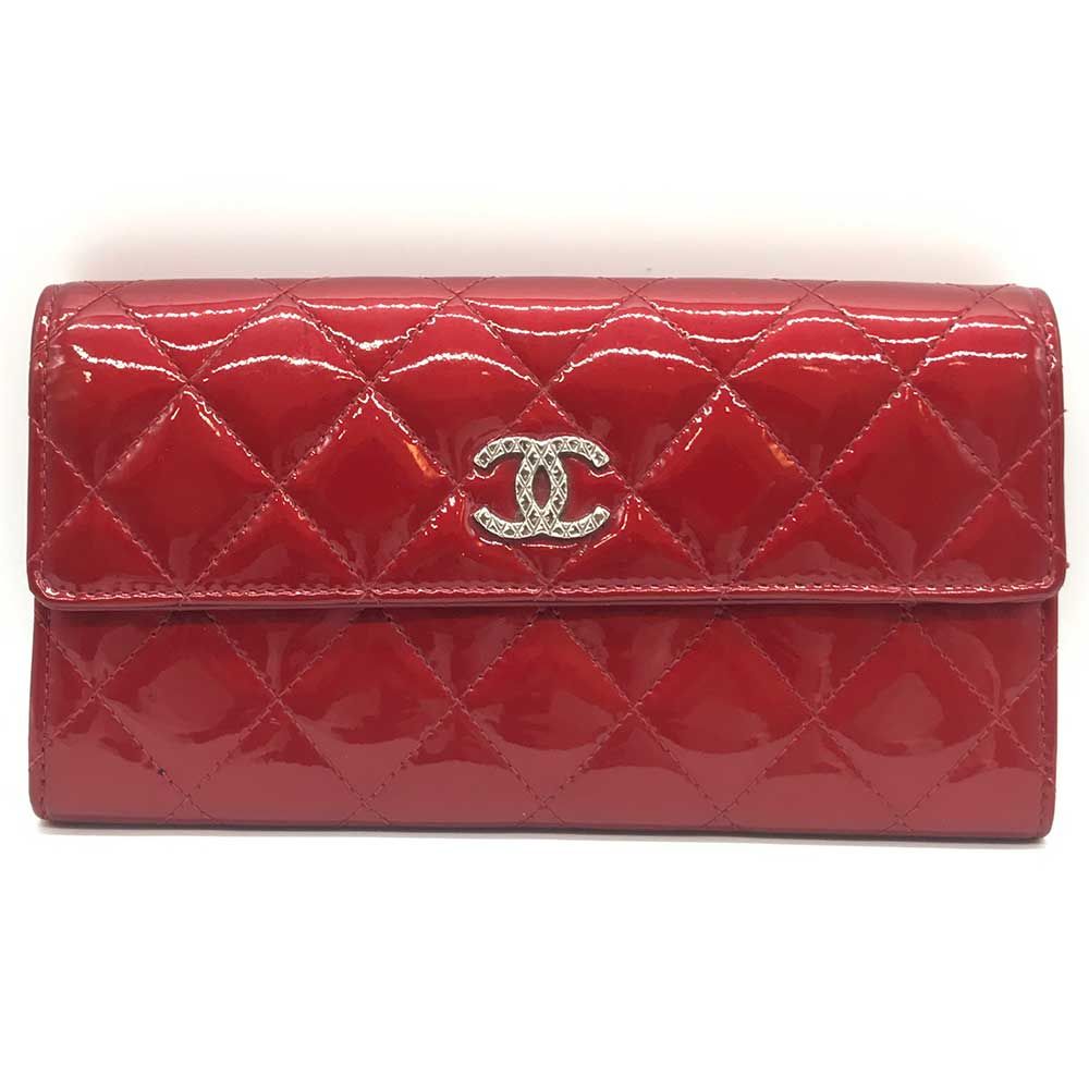 【 美品 】シャネル エナメル 長財布 ラージウォレット マトラッセ 希少品 赤 シャネル マトラッセ 長財布 エナメル ボルドー ワインレッド AB