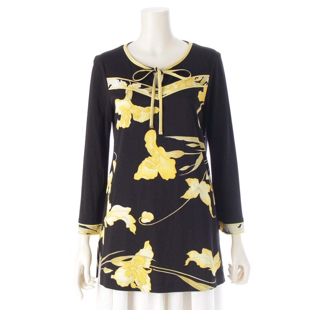 レオナール ファッション カンカン リボン 花柄 長袖 チュニック トップス 0149211 ブラック×イエロー 36