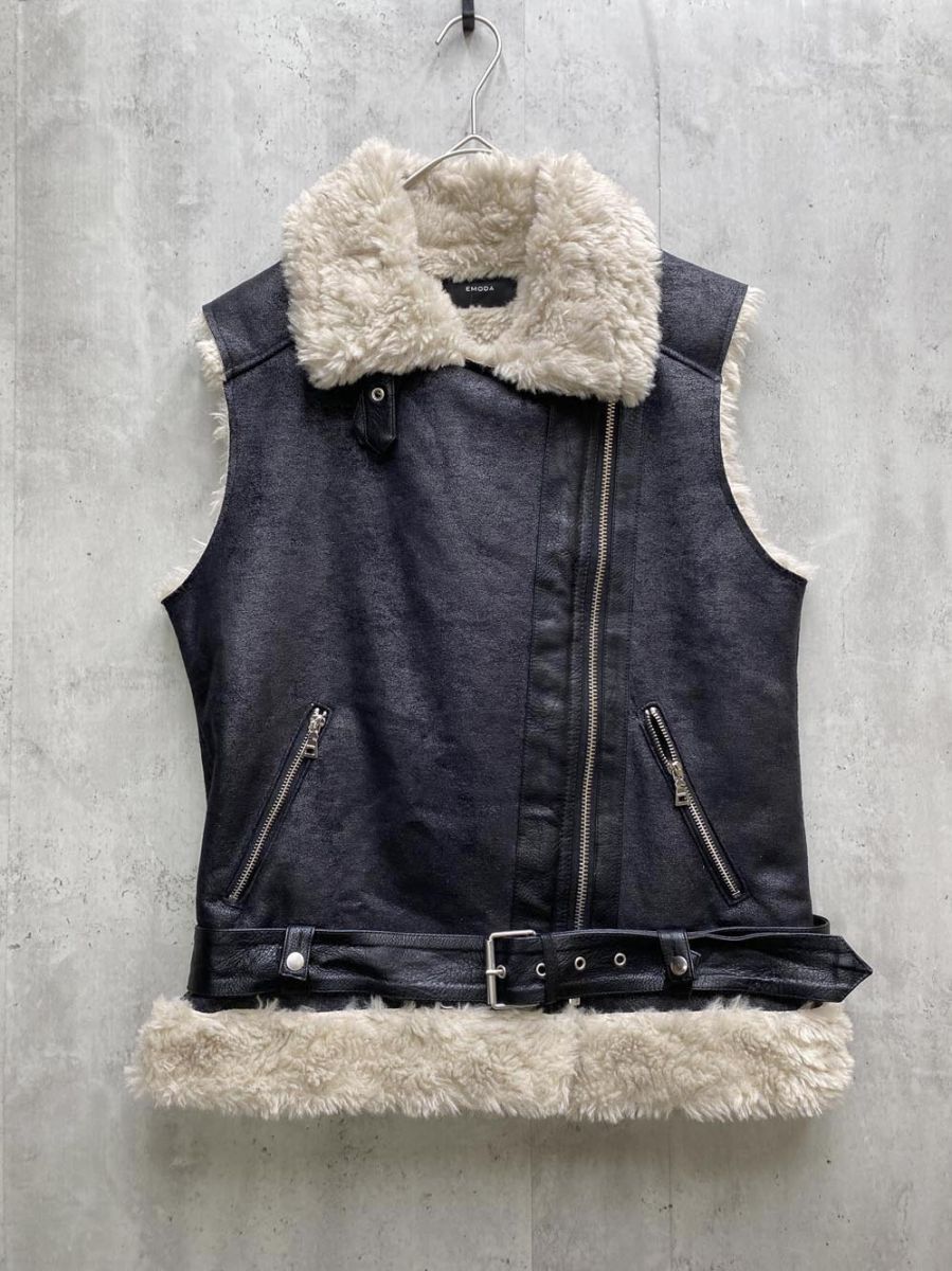 EMODA エモダ フェイクムートン ベスト sizeF 黒 ◆ レディース