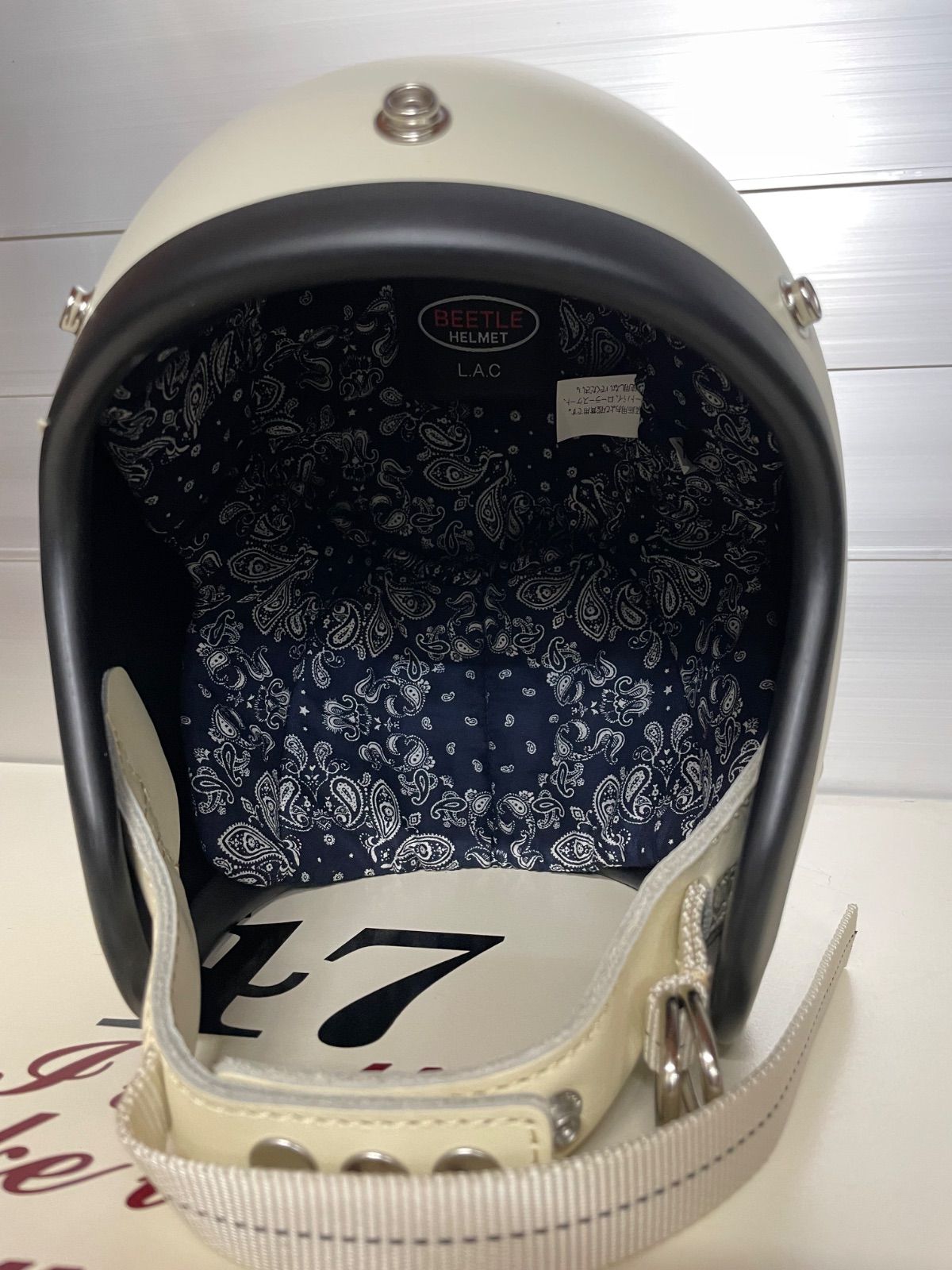 オーシャンビートル マットアイボリー Wストラップ白 ペイズリーインナーネイビー オーシャンビートル OCEANBEETLE MTX 別注マットホワイト W