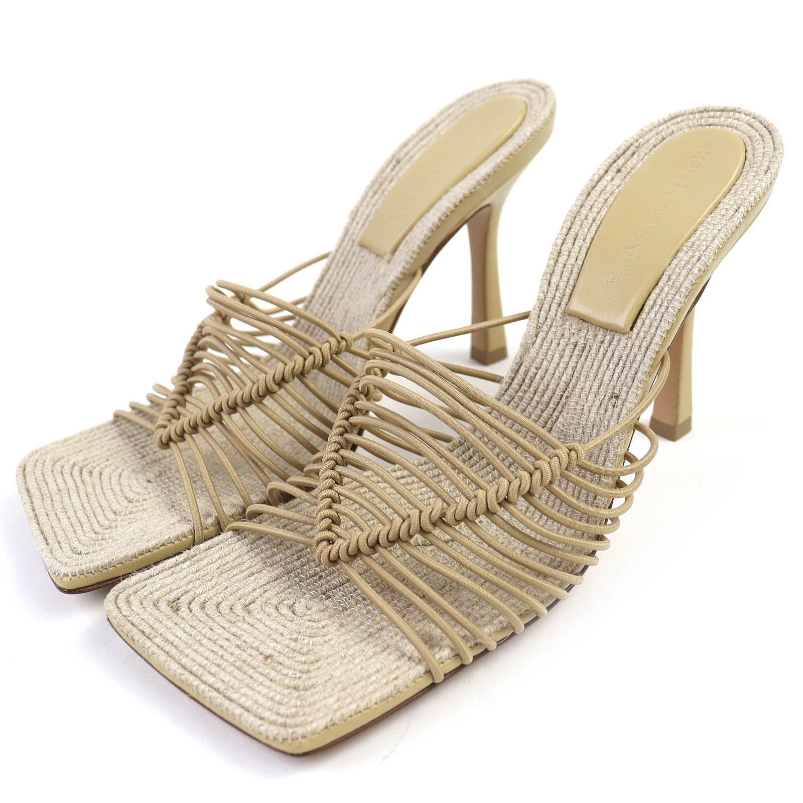 △BOTTEGAVENETA ボッテガヴェネタ 651386 CINDY シンディ レザー使 スクエアトゥ ストレッチ サンダル ミュール CANE SUGAR ベージュ系 38 箱 保存袋付き イタリア製 レディース