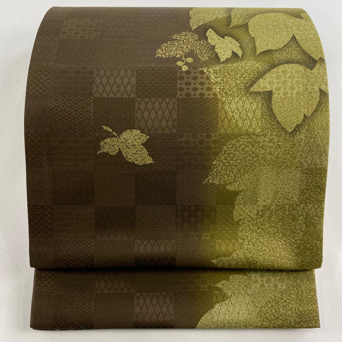 専用帯1603 ●日展作家 丹下雄介 高級 正絹 落款 袋帯 袋帯 美品 秀品 丹下雄介 落款 葉と実 茶緑色 お太鼓柄 正絹