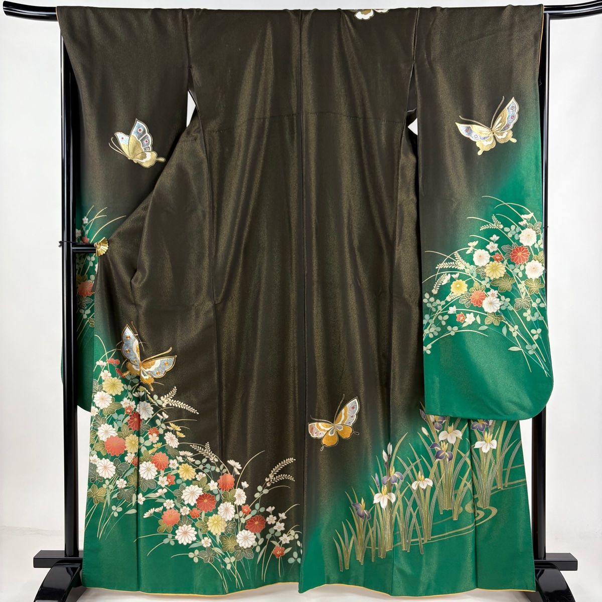 振袖 身丈164.5cm 裄丈67cm M 袷 蝶 菊 金通し 金糸 緑 正絹 秀