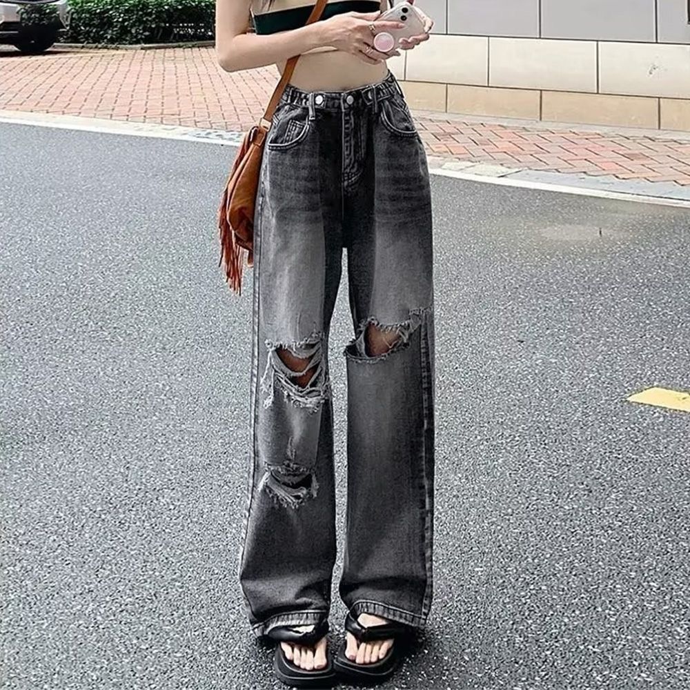 ダメージジーンズ レディース デニムパンツ 韓国 ハイウエスト