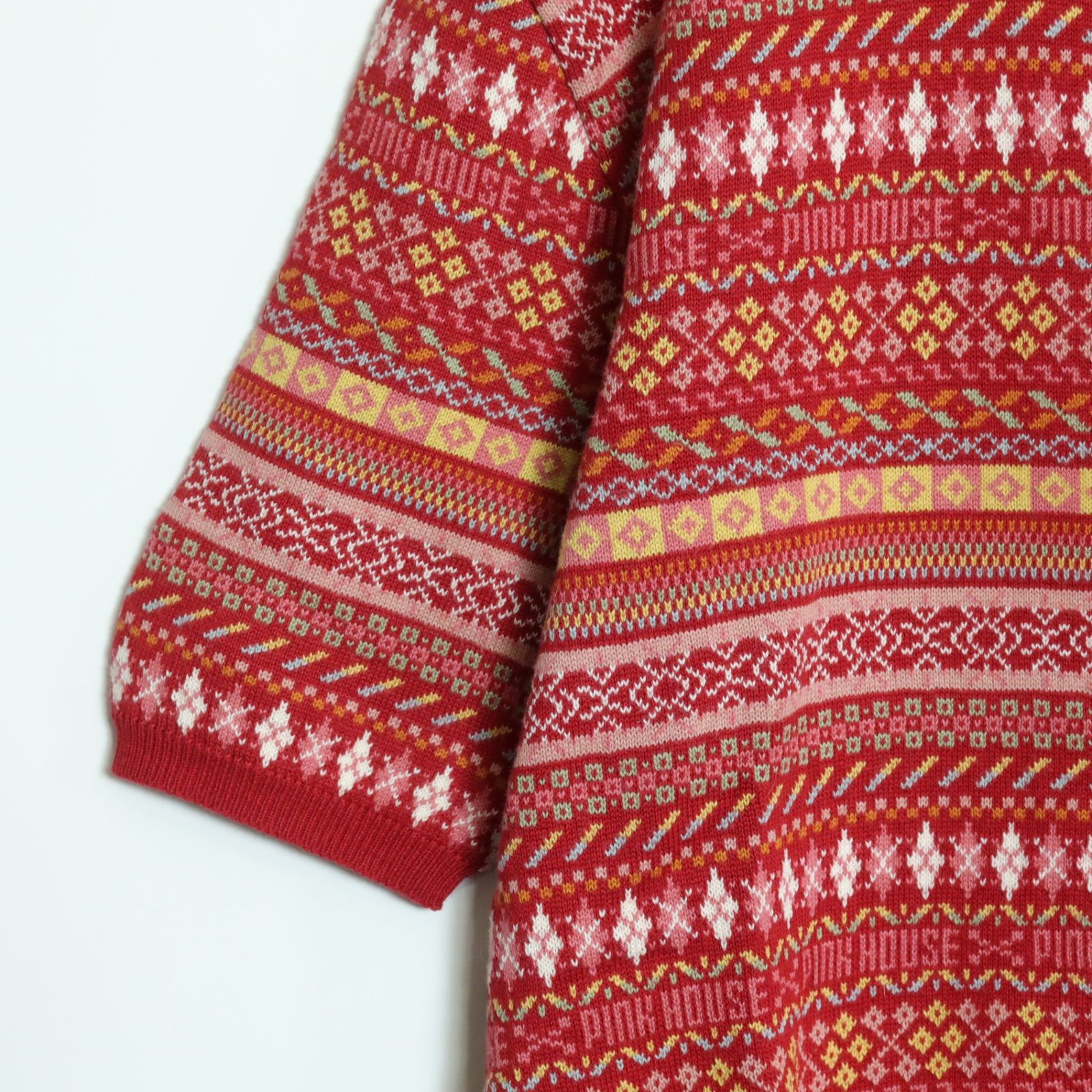 ピンクハウス☆ニットカーディガン 半袖 赤系 前開き キュートな総柄