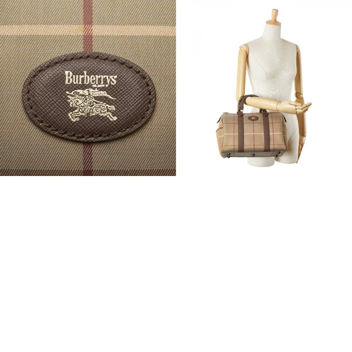 美品　Burberrys バーバリー ミニボストンバッグ カーキ×ブラウン バーバリー チェック ハンドバッグ ミニボストンバッグ カーキ