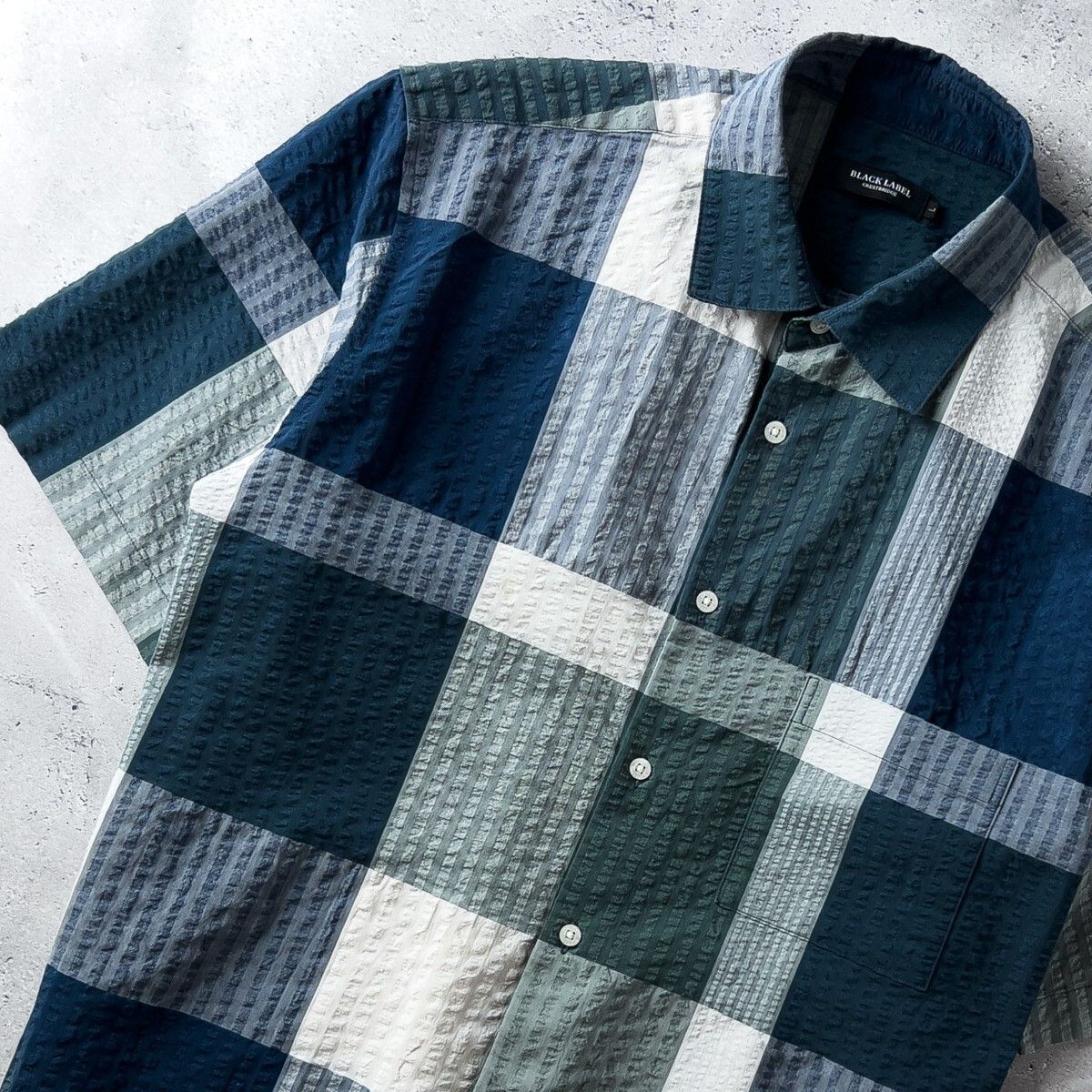 ブラックレーベルクレストブリッジ 半袖 シャツ メンズ L 麻混 チェック柄 サッカー地 BLACK LABEL CRESTBRIDGE バーバリー リネン
