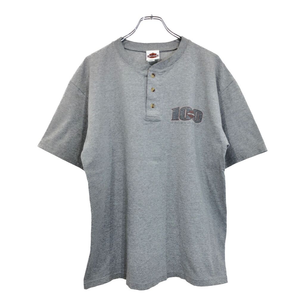 00年代 HARLEY DAVIDSON ハーレーダビッドソン 100周年 ヘンリーネック 半袖Ｔシャツ モーターサイクル グレー メンズ L 古着 U2134