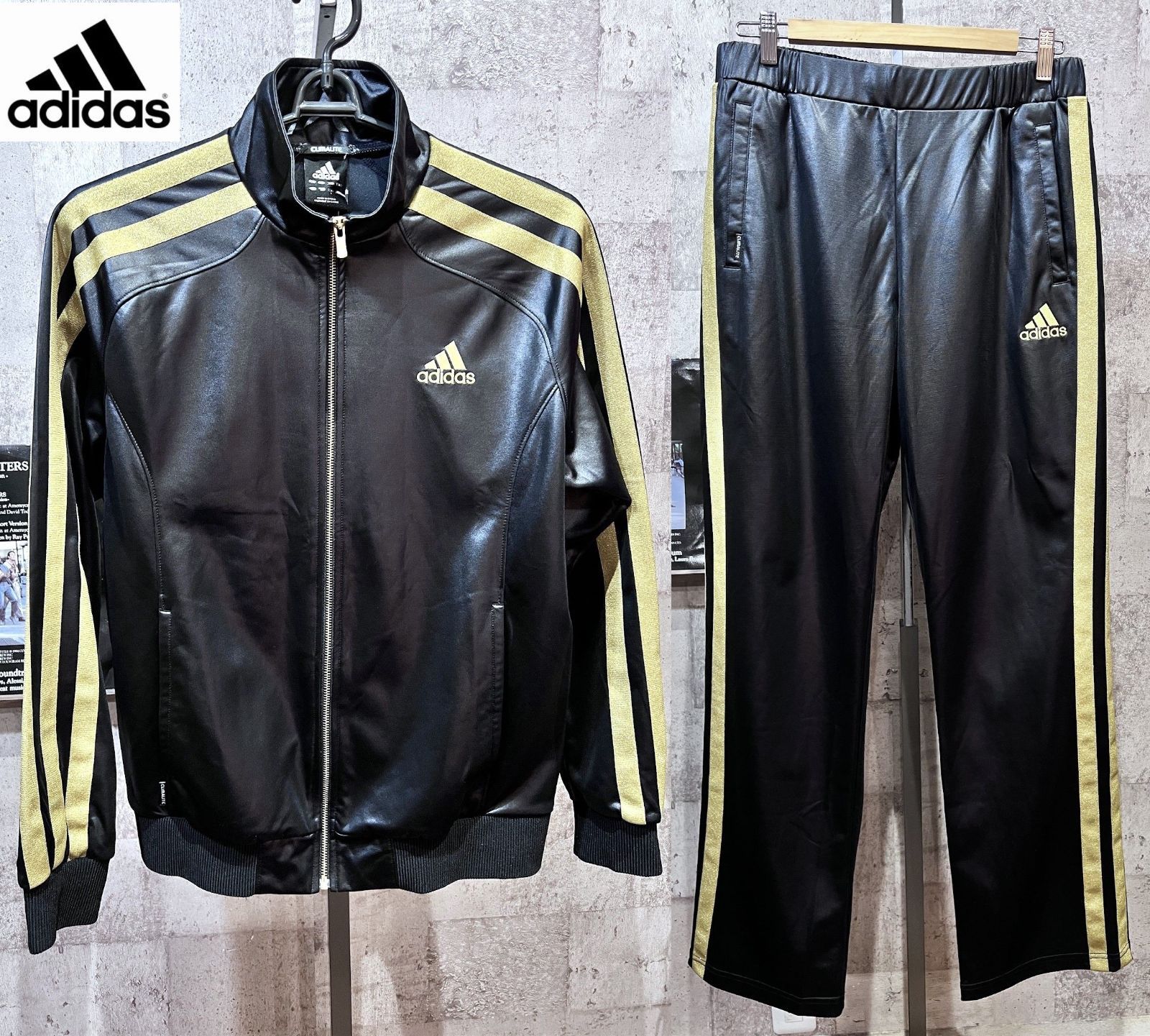 【超美品】アディダス adidas climaliteセットアップ  黒金 美品 アディダス 黒金ラメ CLIMALITE シャイニー ジャージ 上下