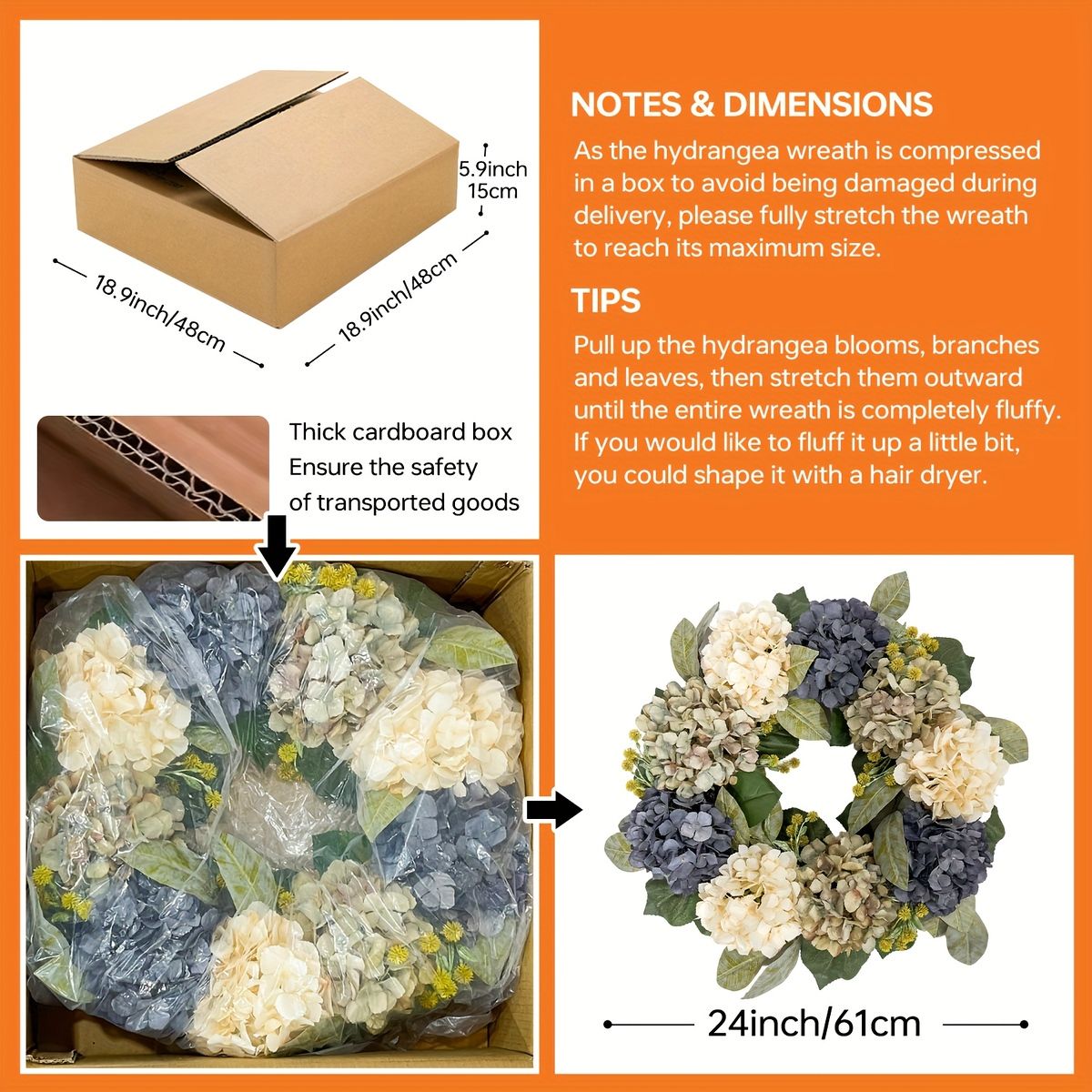 ボタニカルデザイン 24インチ ディープブルー アジサイリース 円形ハンガー付 - リアルタッチ ボヘミアン風 ガーランド 秋の玄関ドア|屋外装飾 ファームハウス|ウェディング|インテリアに