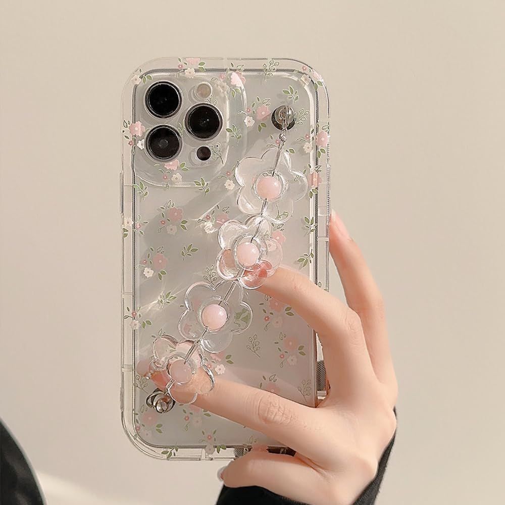 【特価セール】KOJO 花柄 iPhone14 用 ケース 小花 半透明 韓国 かわいい オシャレ 小さい花 ピンク ガーリー系 TPU ソフトケース 耐衝撃 全面保護 落下防止 ストラップホール付き チェーン付き