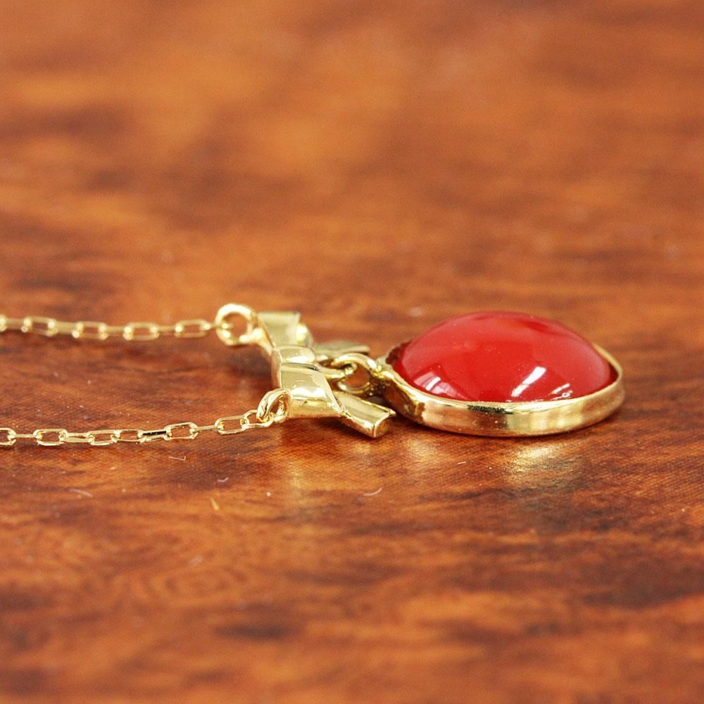稀少 高品質！国産 赤珊瑚 0.7ct K18 yg リボン ネックレス 鑑別書 3月 