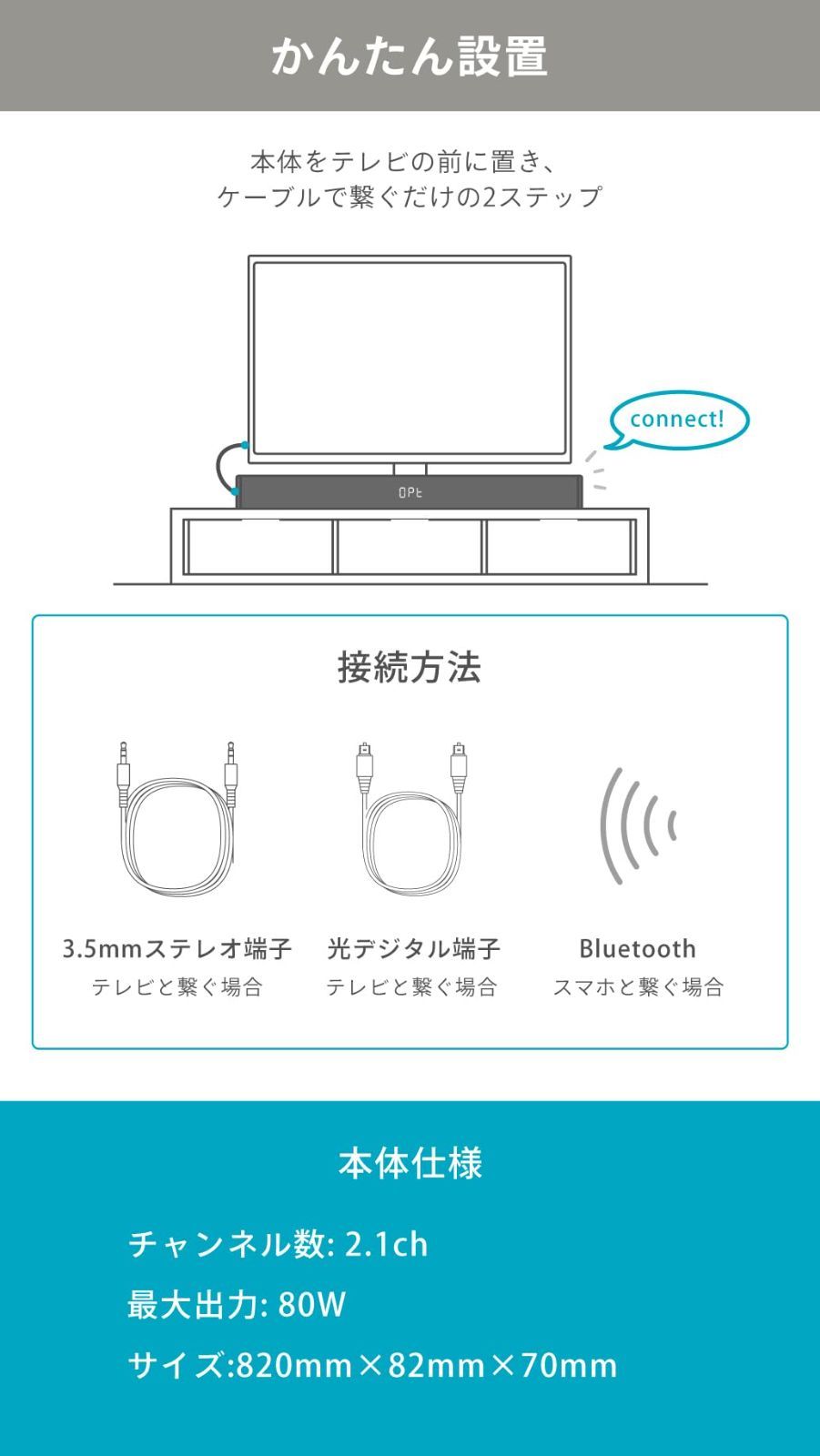 FUNLOGY SOUND3 スピーカー サウンドバー VGP2025受賞 2.1ch 総合80W Bluetooth対応 ワイヤレス テレビ用 スマホ ホームシアター 光デジタル AUX ケーブル付属 日本ブランド MEBLE-SODAR_PL