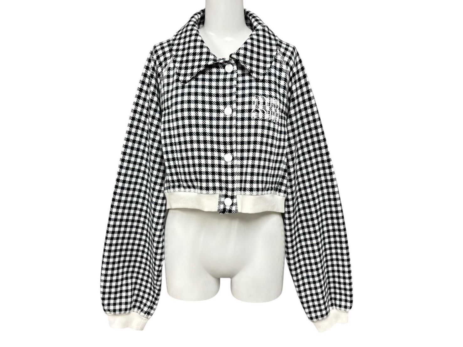 MIUMIU ミュウミュウ クロップド ブルゾン ジャケット MJL819 サイズM チェック柄 ロゴ ラグラン ホワイト ブラック 4b008193