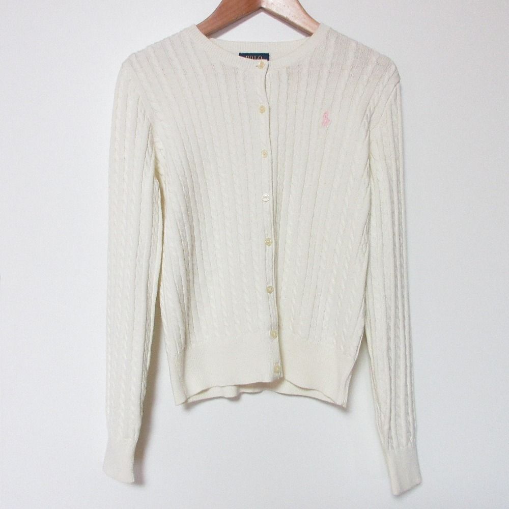 POLO RALPH LAUREN ポロ ラルフローレン ケーブルニット クルーネック カーディガン サイズL オフホワイト レディース 古着