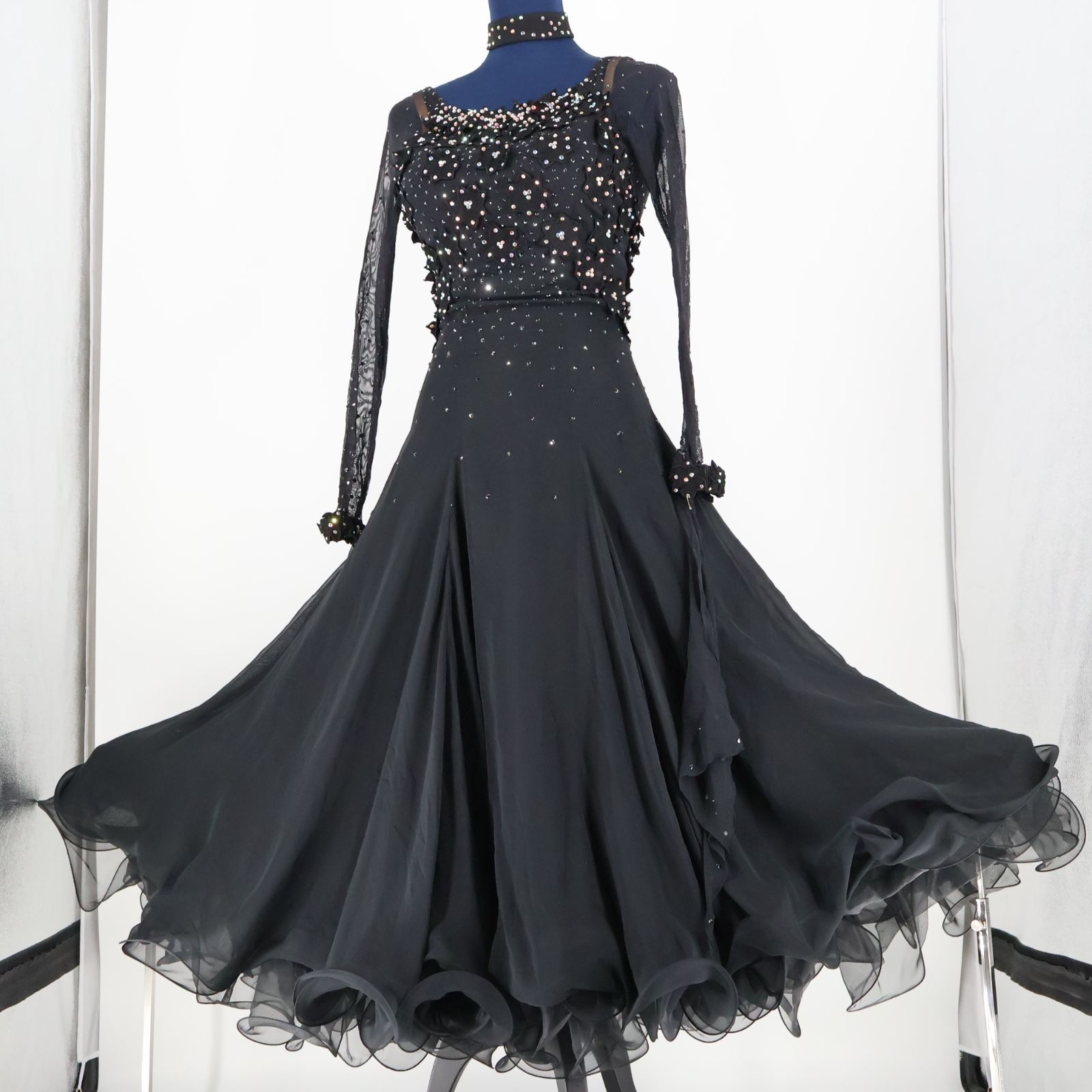 社交ダンス衣装】ブラック ワンピース ドレス 黒 フリル レース