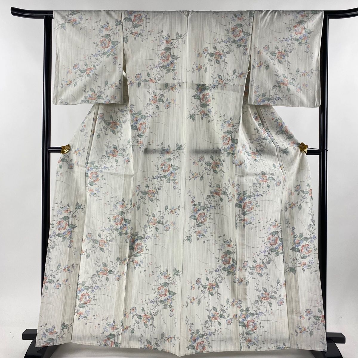 紬 身丈164.5cm 裄丈63.5cm S 単衣 草花 縦縞 灰白 正絹 美品 秀