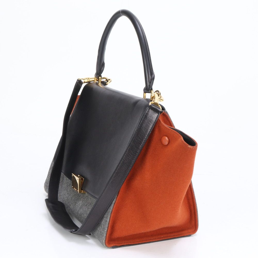 美品 CELINE セリーヌ トラペーズ バイカラー レザー ウール 美品 CELINE セリーヌ トラペーズ バイカラー レザー ウール