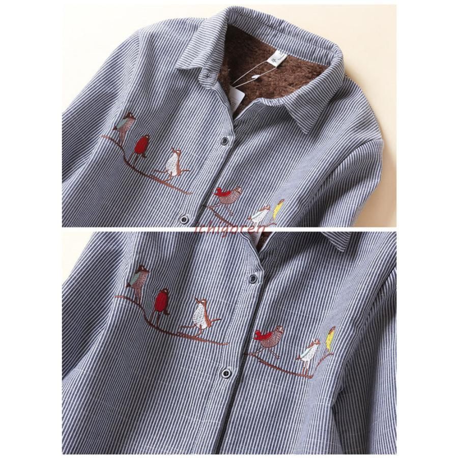 刺しゅう シャツ 裏ボア 秋 冬 ストライプネルシャツ レディース 大きいサイズ ストライプ柄×鳥刺繍 フランネル 裏ボアシャツ 刺しゅう シャツ 裏ボア 秋 冬 ストライプネルシャツ レディース