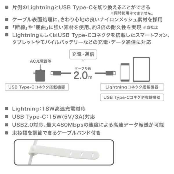 さらさらUSBケーブル(Lightning 18WとUSB Type-C 15W 片側切換式/2m/ナイロンメッシュ素材/グレー) (SMT-L20ST1815N)