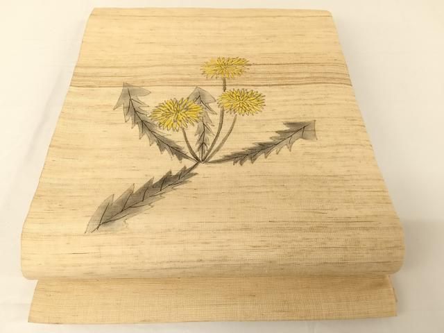 平和屋着物＊夏物 九寸開き名古屋帯 手描き たんぽぽ 麻 AABA2540np
