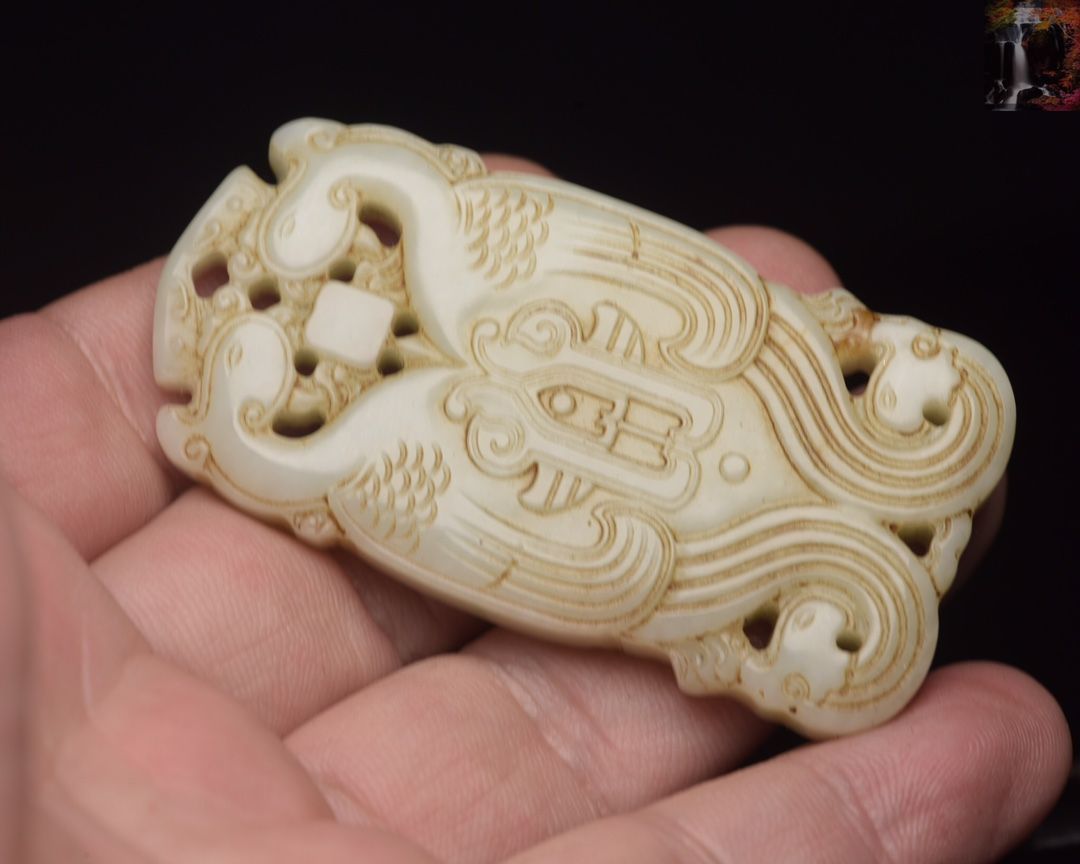 旧家蔵出し 和田玉細密彫 高古件 透空彫 雙鳳紋 玉牌 根付 置物 賞物
