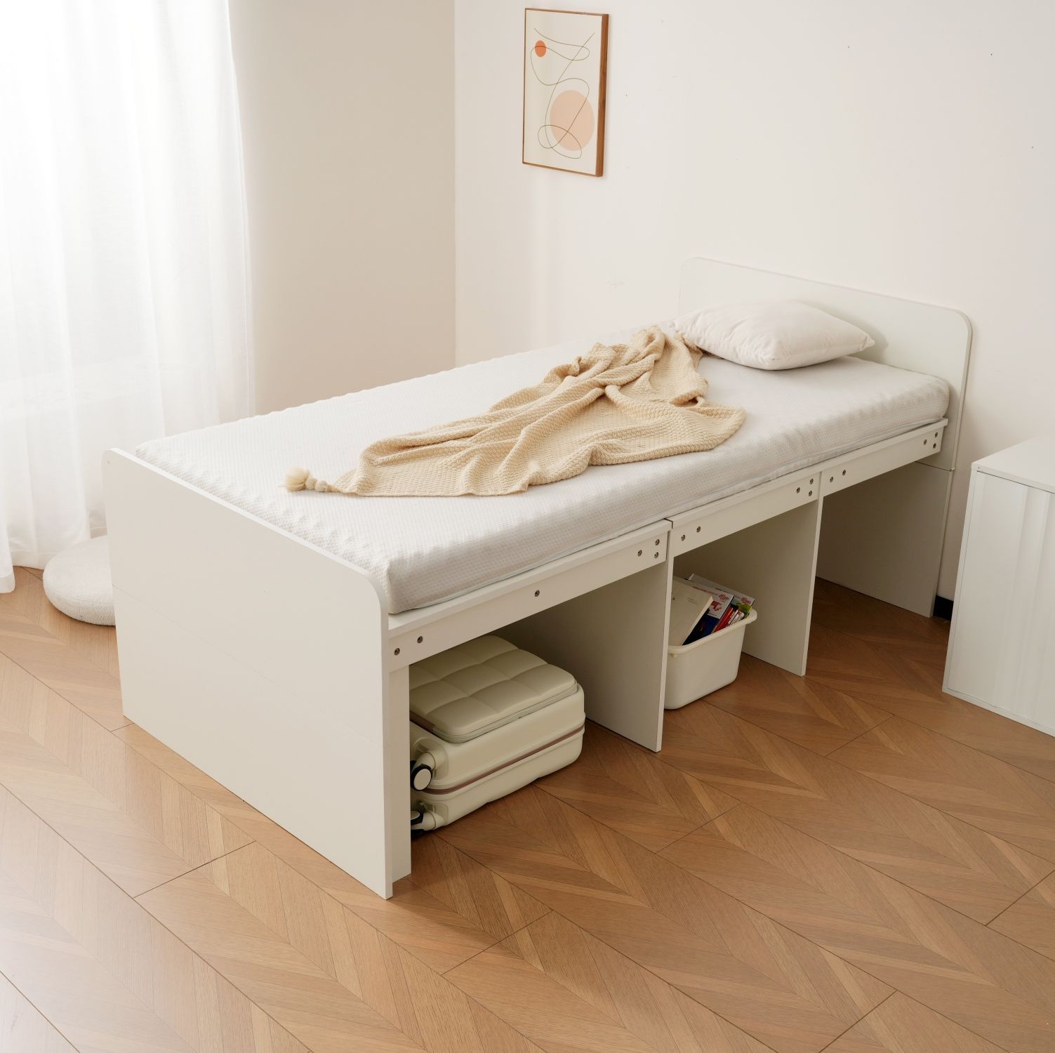 S ベッドフレーム収納・収納ボックス付き ハイベッド木製 収納 頑丈 WHITE S ベッドフレーム収納・収納ボックス付き ハイベッド木製 収納