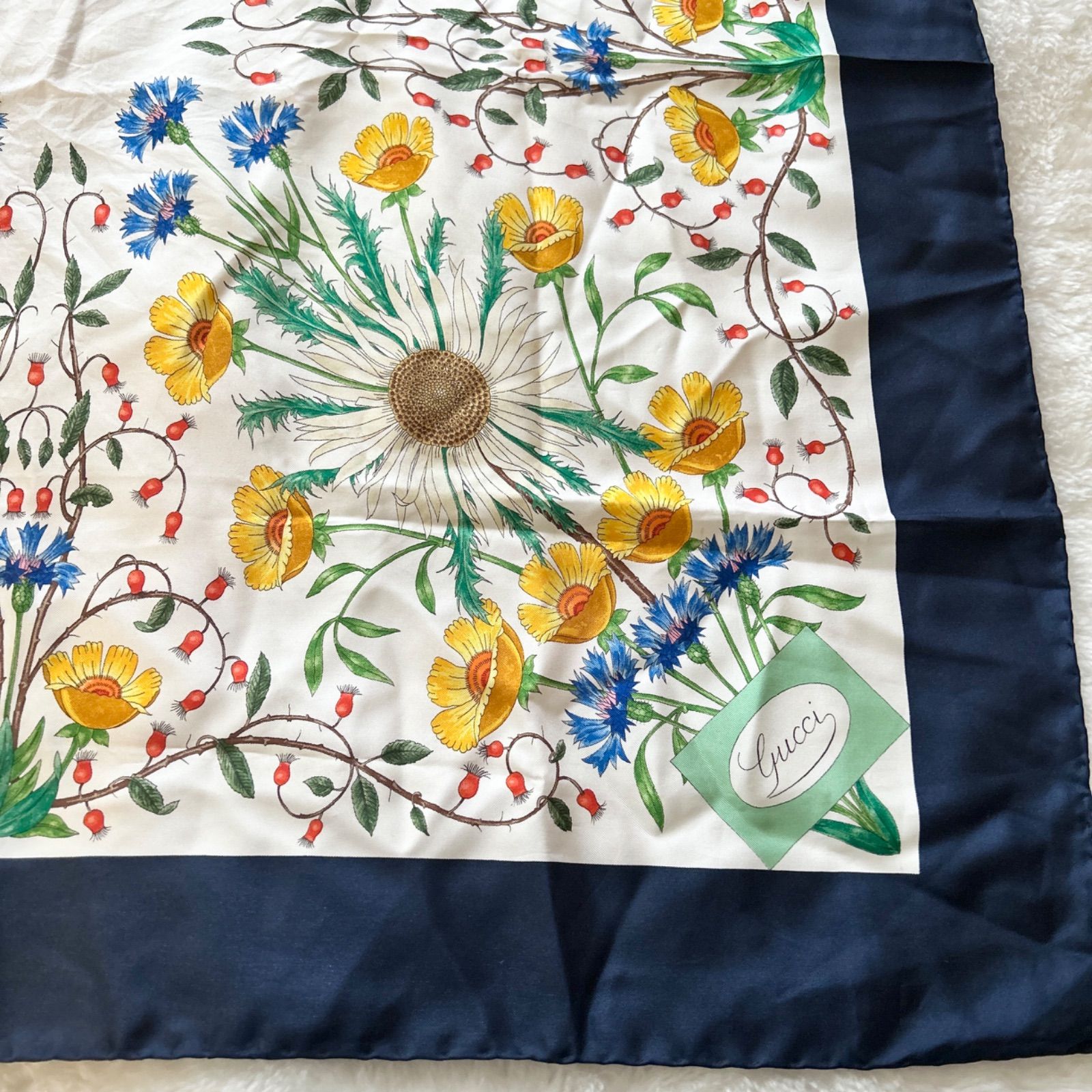 GUCCI グッチ 大判スカーフ V.Accorneroデザイン シルク 花柄 ネイビー  