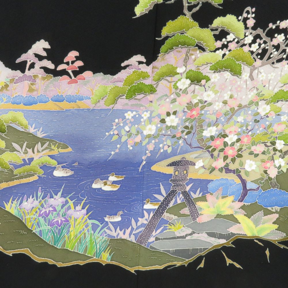 本加賀友禅 黒留袖 北田弓子 金沢城と兼六園文様 正絹 袷 広衿 比翼付