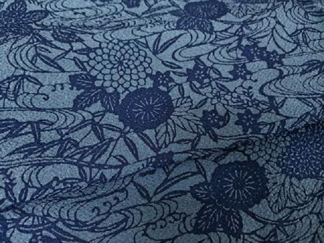 平和屋着物□上質な小紋 作家物 本草木染 流水草花文 鬼しぼ
