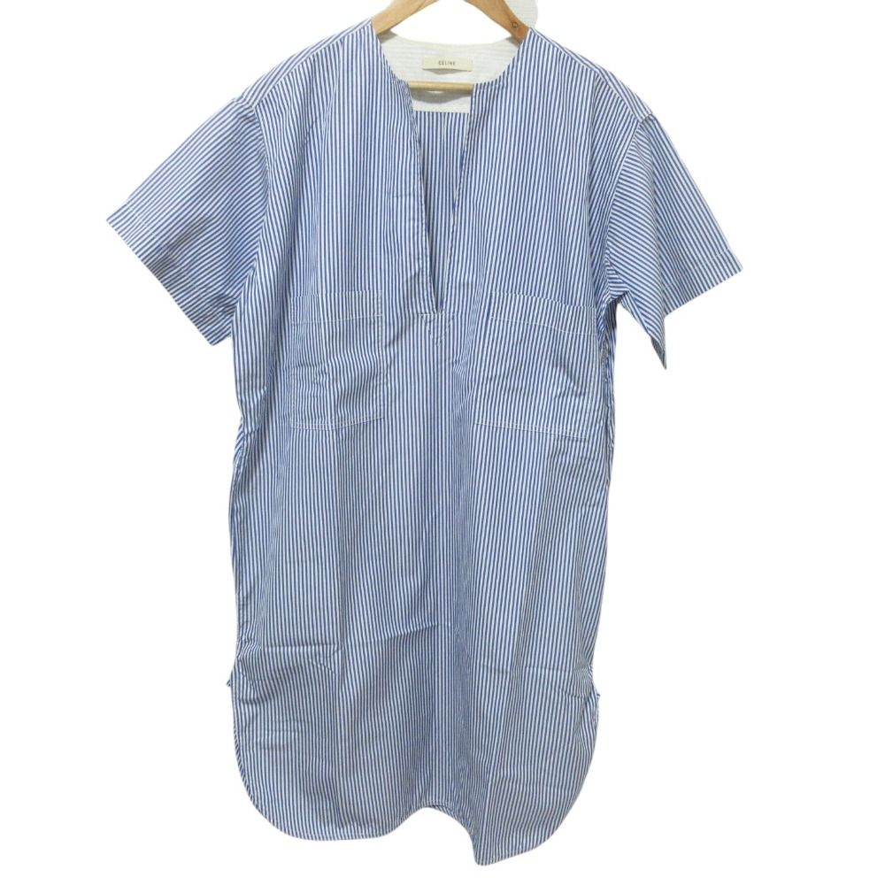 【美品】セリーヌ フィービー期 長袖ブラウス 切替 袖ストライプ 34（XS） 美品】セリーヌ フィービー期 長袖ブラウス 切替 袖ストライプ