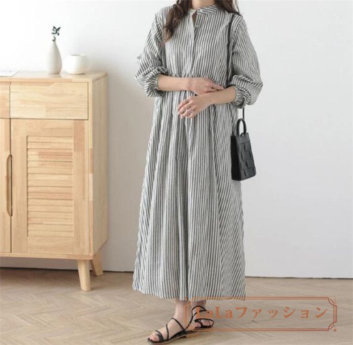 シャツワンピース レディース 春 長袖 ロング シャツワンピ ロングワンピース スタンドカラー チェック柄 ストライプ シャツワンピース レディース 春 秋 長袖 ロング シャツワンピ