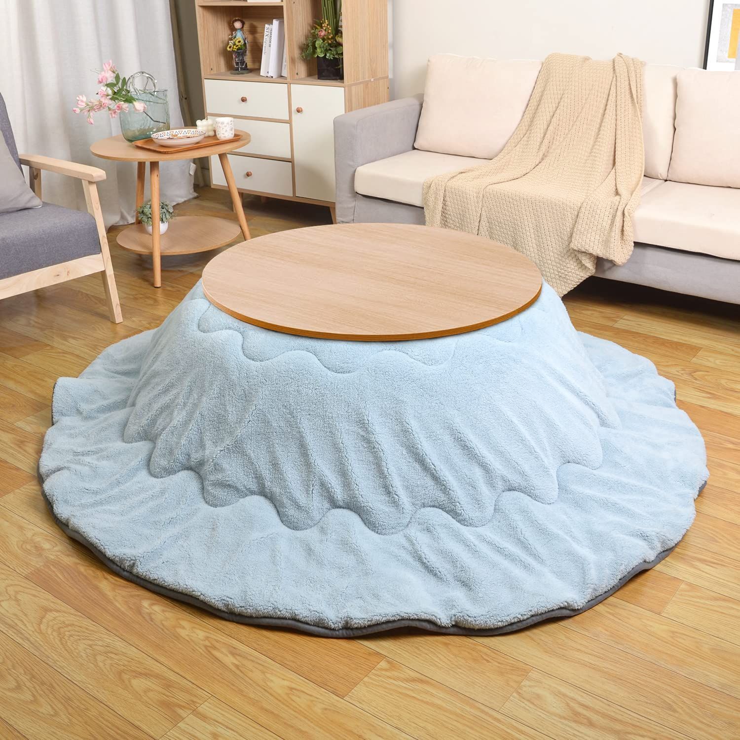 掛け布団単品 吸湿発熱 両面使える 中空綿 リバーシブル ふわふわ 丸い もこもこ 円形 ボアフリース素材 丸型 無地 こたつふとん 直径約225cm こたつ厚掛け布団 洗える こたつ布団 ライトブルー JEMAジェマ