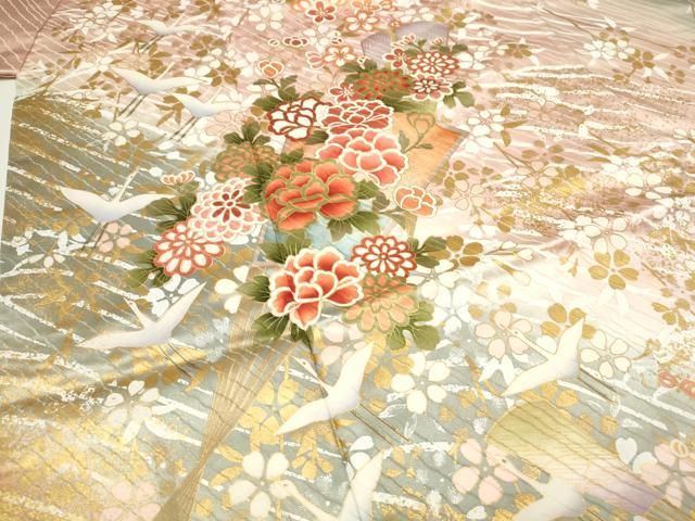 平和屋着物○豪華振袖 扇面飛鶴花文 暈し染め 金彩 正絹 逸品