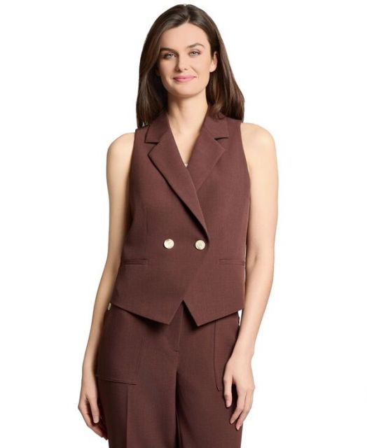 【送料無料】 ジョーンズニューヨーク レディース ジャケット・ブルゾン アウター Women's Double-Breasted Notched-Lapel Vest Fudge