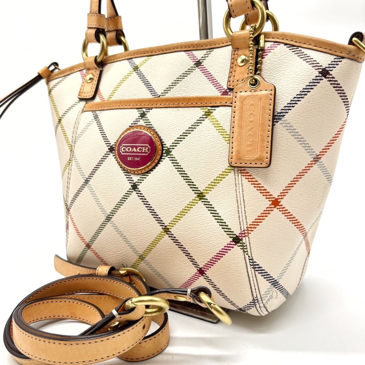 y2k coach コーチ　チェック　トートバッグ　ロゴ金具　ホワイト　PVC ✨良品✨ COACH コーチ トートバッグ ハンドバッグ バケツ型 チェック