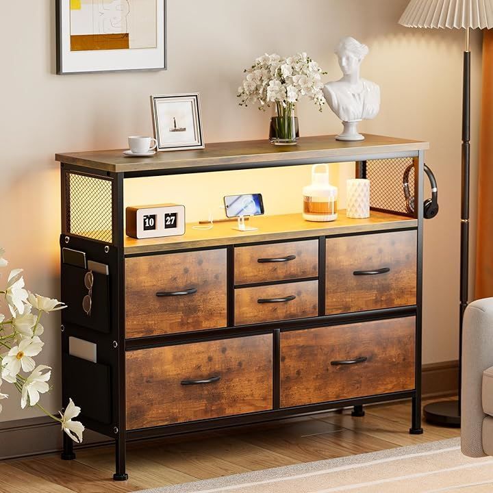 IKIFLYチェスト収納タンス棚付き箪笥リビング収納チェストUSBポート