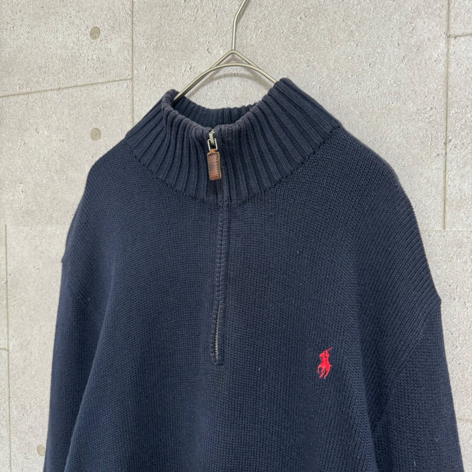 vintage Polo by RALPH LAUREN ハーフジップニット ネイビー ワンポイント 刺繍ロゴ M(大きめ)古着 アメカジ ポロラルフローレン  ゆるだぼ コットンニット - メルカリ