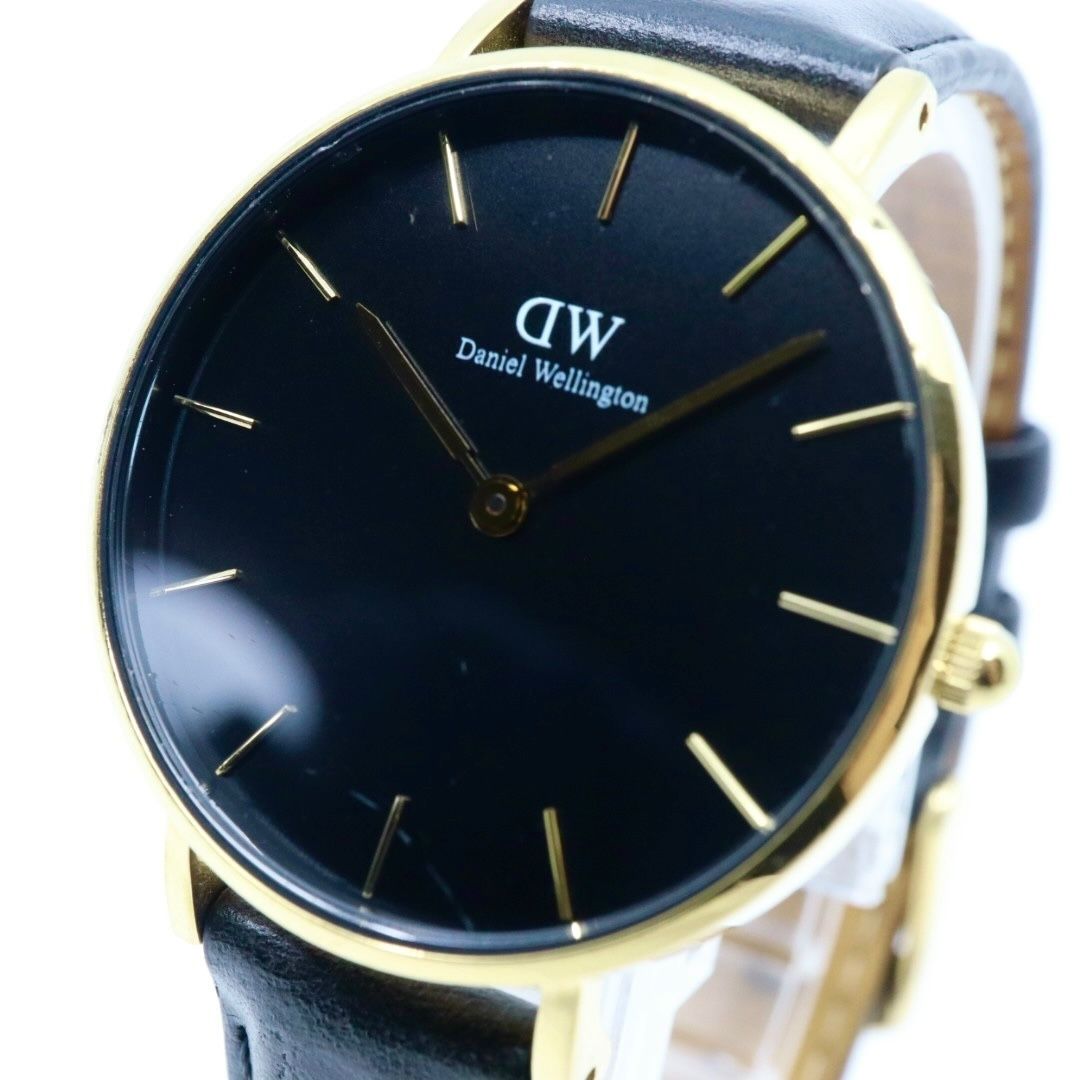 電池交換済 ダニエルウェリントン DW Petite 腕時計 レディース K32GB06 クオーツ アナログ ラウンド ブラック文字盤 ゴールドケース レザーベルト クラシック エレガント ミニマルデザイン クリーニング済 稼働品 G2