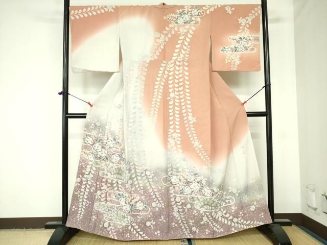 M4519★ 着物淡雪★ 振袖 ★正絹　辻が花模様　染め分け　金彩　成 M4519☆ 着物淡雪☆ 振袖 ☆正絹 辻が花模様 染め分け 金彩 成