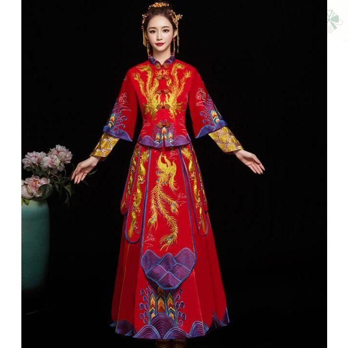 中華ウエディングドレス 中国古典チャイナ服 中華衣装上下二点セットアップ 赤 鳳刺しゅう チャイナ風舞台ステージ服 チャイナ