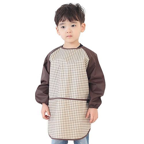 Brown Check_S [プリエ] 子供用 キッズ ユニセックス 防水 絵画 スモック エプロン1歳-10歳用 (S-XXL size)， Brown Check (18-S)
