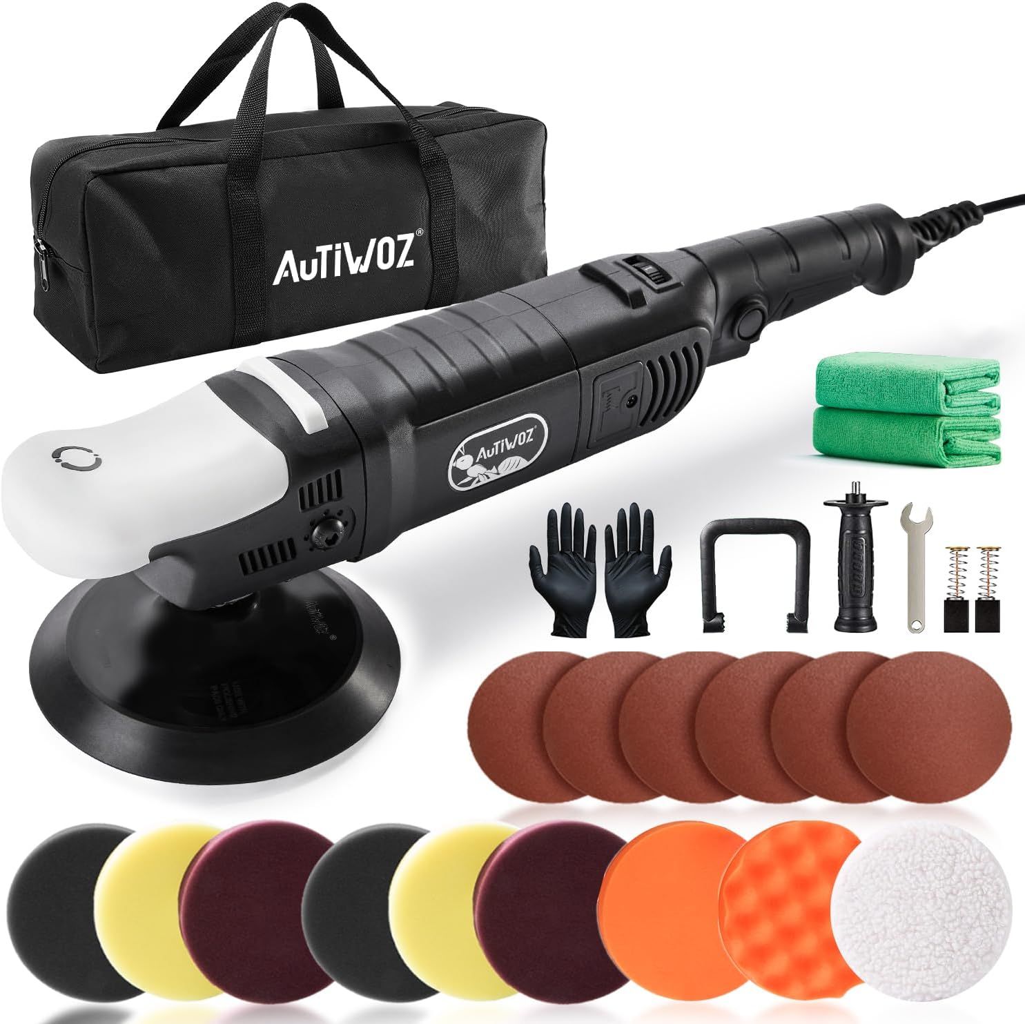 AUTIWOZ シングルアクションポリッシャー 150mm、1200W 電動ポリッシャー 車、六段変速カーポリッシャー 1000-3800RPM、カーディテイリング/ポリッシング/ワックスがけ用ロータリーバッファーキッ