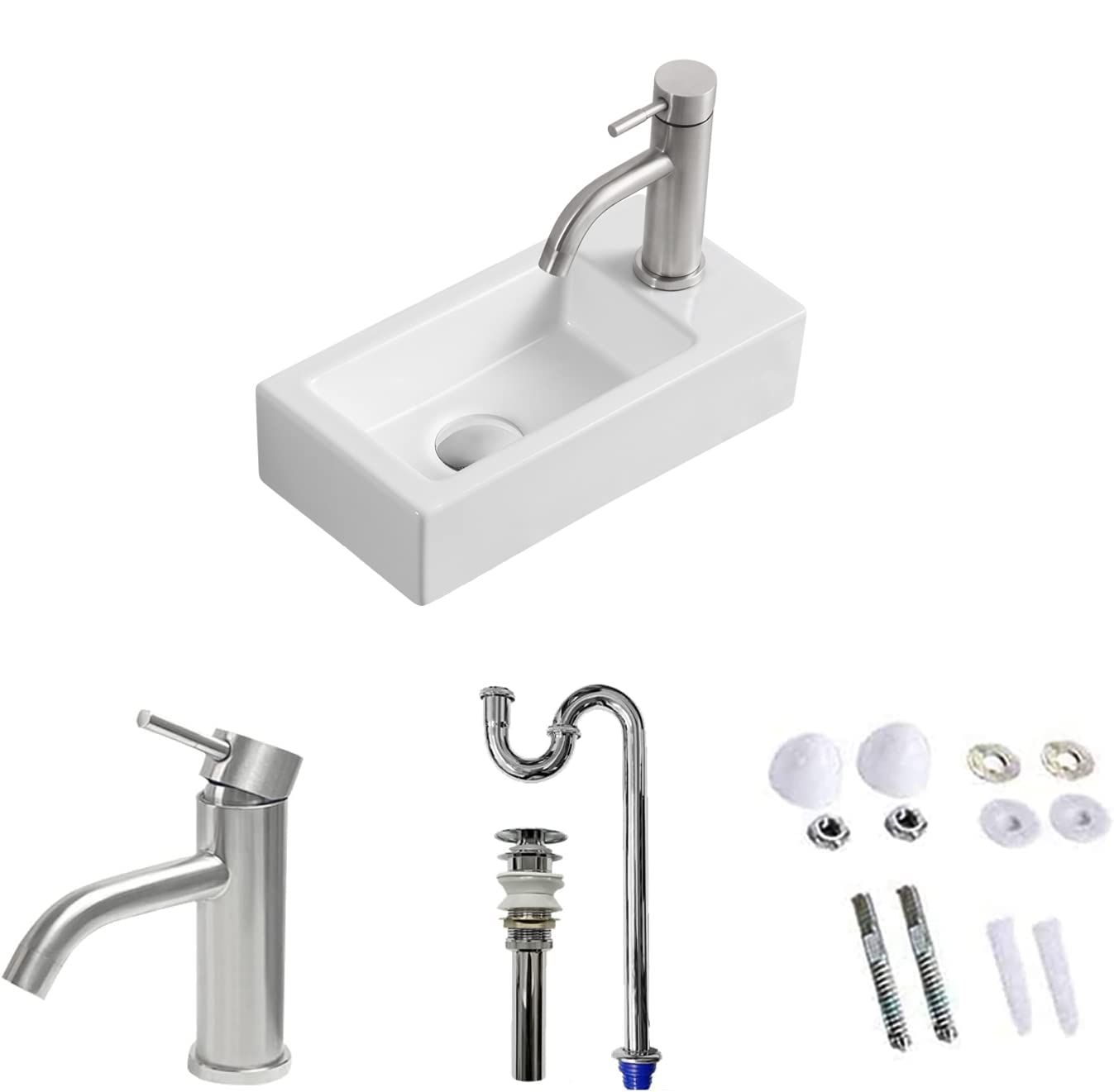 Sトラップ排水セット付き 手洗い器 壁掛け 手洗いボウル 壁付け型 375*185*95mm おしゃれ 手洗器 コンパクト 小型洗面ボウル ミニ型 洗面台 陶器 手洗い台