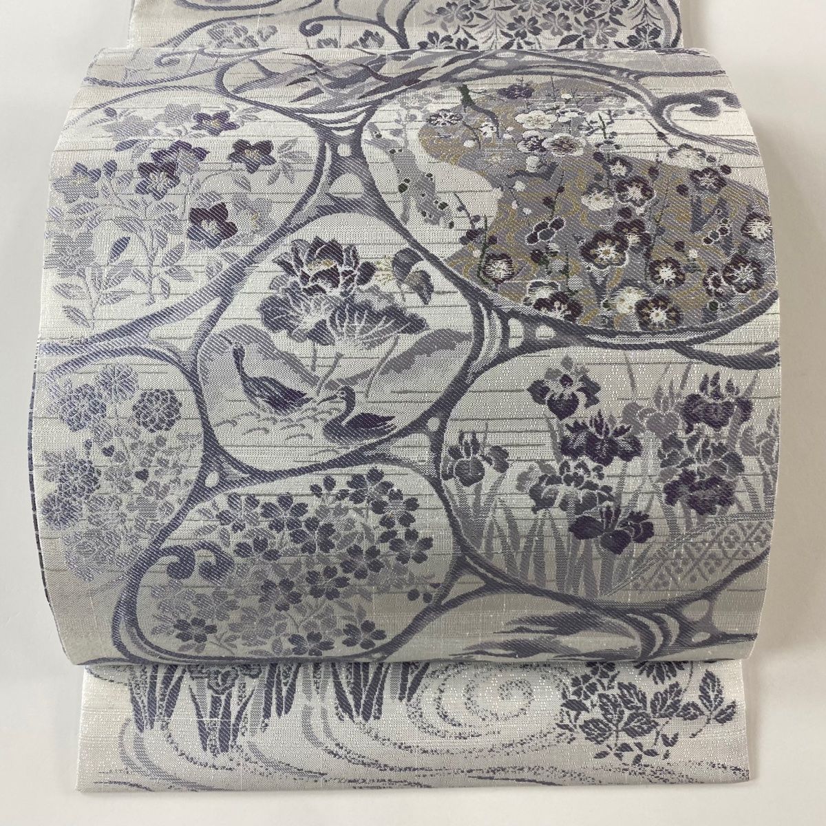 袋帯 秀品 やまと 松竹梅 花鳥 灰紫 お太鼓柄 正絹