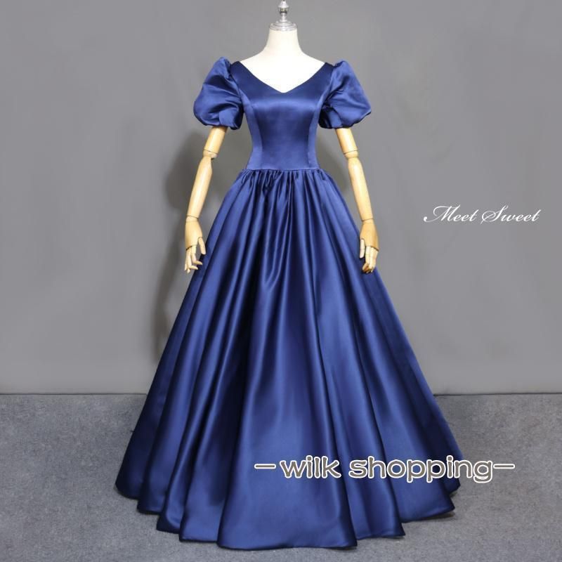 ドレス Aラインドレス ロングドレス ネイビー ブルー パフスリーブ サテン ウェディングドレス 結婚式 二次会 花嫁 前撮り 演奏会 発