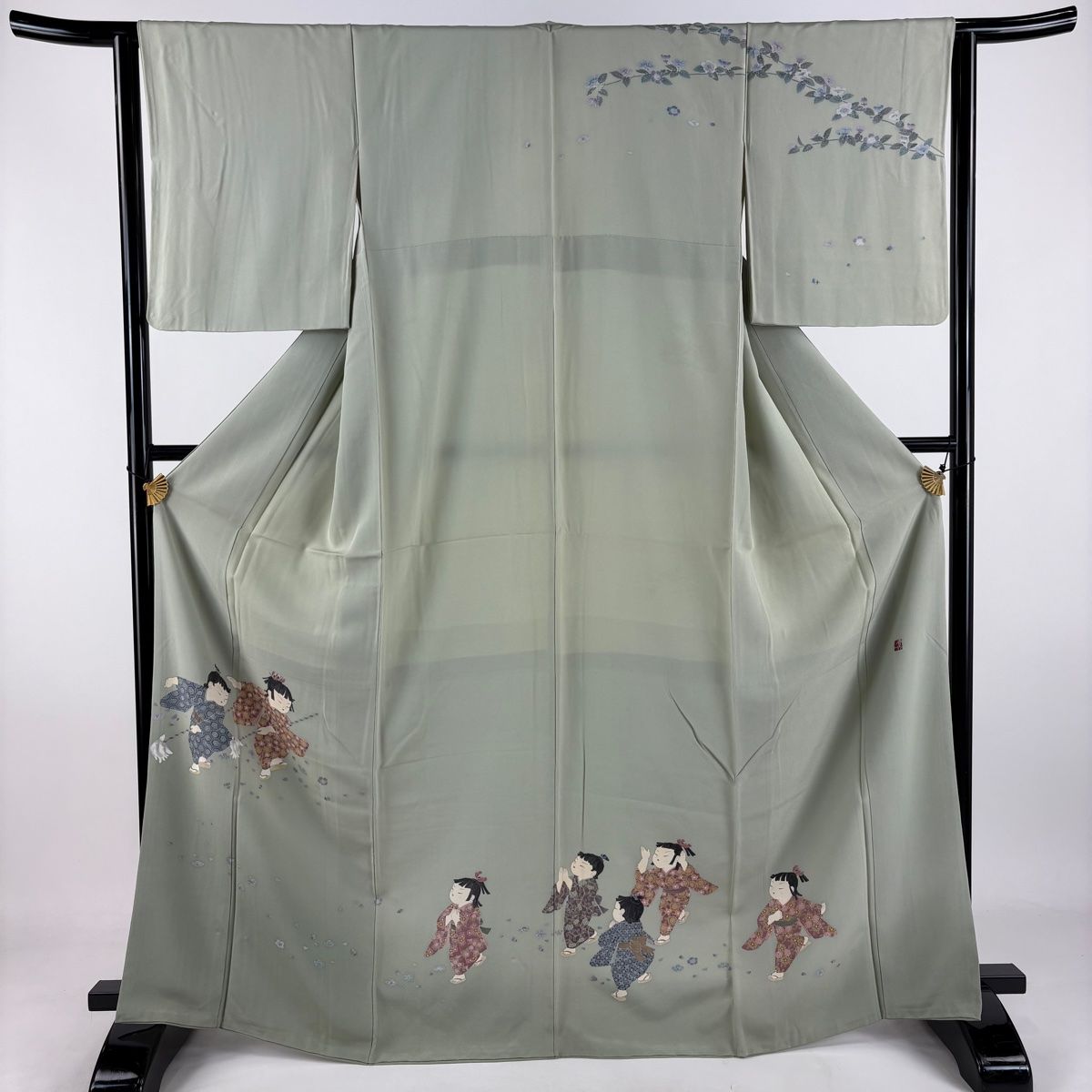 訪問着 身丈167cm 裄丈63.5cm S 袷 関口遼一 落款 童 花柄 ぼかし 灰緑 正絹 秀品